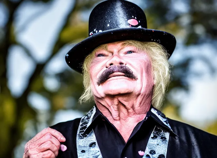 Image similar to photo still of rip taylor at a funeral service outside!!!!!!!! at age 5 4 years old 5 4 years of age!!!!!!! throwing confetti from a bucket, 8 k, 8 5 mm f 1. 8, studio lighting, rim light, right side key light