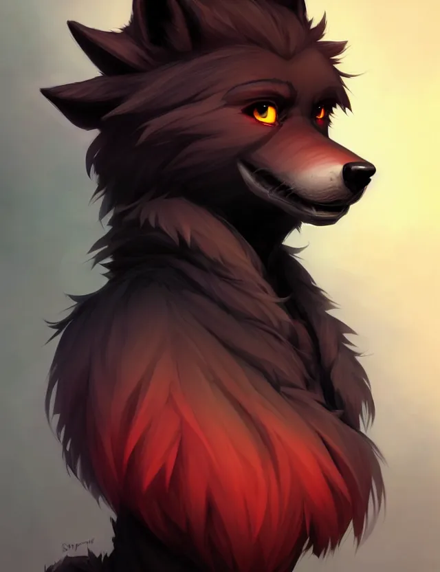 Image similar to character concept art of a black anthropomorphic male furry wolf long red hair | | cute - fine - face, pretty face, key visual, realistic shaded perfect face, fine details by stanley artgerm lau, wlop, rossdraws, james jean, andrei riabovitchev, marc simonetti, and sakimichan, trending on artstation