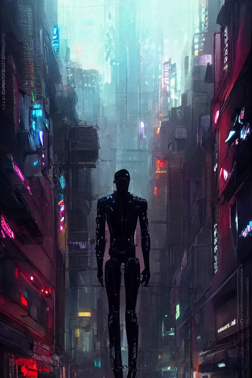Prompt: black male cyborg body modifications hd greg rutkowski low perspective! cyberpunk city neon rain