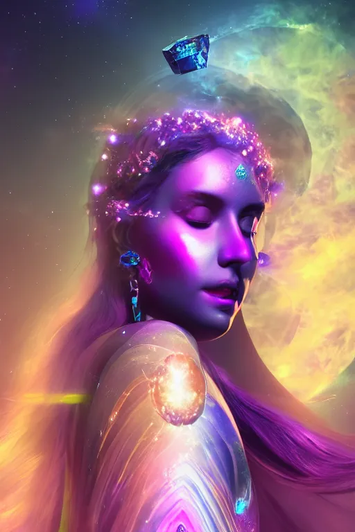 Image similar to Celestial goddess of time and space floating in the cosmos striking beauty oracle trending on artstation purple amathist color scheme + gemstone crystals + realistic + photorealistic + octane render + 3d render