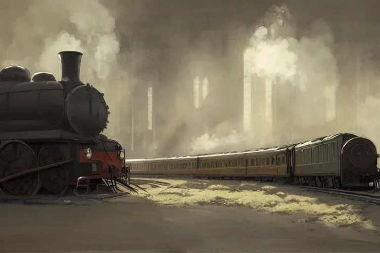 Image similar to deserted subway, sun light streaming in from top windows, one person with a small child and a suitcase stands looking at the steam train, smoke coming from train chimney highly detailed, digital painting, artstation, concept art, smooth, sharp focus, illustration, art by greg rutkowski