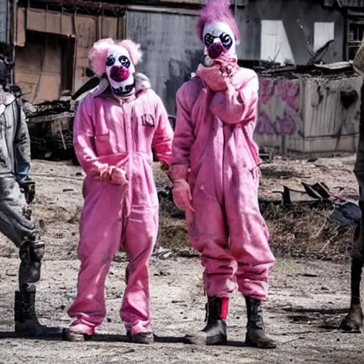 Prompt: clowns with pink hair wearing gas masks and hazmat suits in post apocalyptic wasteland, realistic, dirty, war