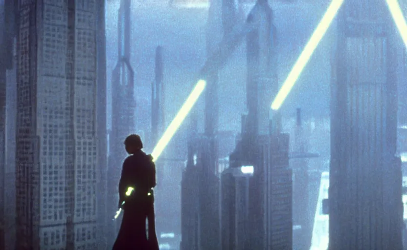 Prompt: iconic wide cinematic screen shot of luke skywalker standing atop a skyscraper in coruscant, from the thrilling scene from the 1 9 8 0 s sci fi film directed by stanley kubrick, glowing lasers, foggy volumetric lighting, kodak film stock, anamorphic lenses 2 4 mm, lens flare, award winning
