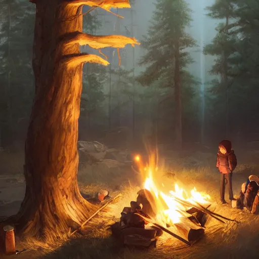 Image similar to yuru camp anime campfire hyperdetailed blue eyes, trending on artstation, cinematic lighting, highly realistically detailed, trending on pixiv , Unreal Engine 4k, detailed faces, manga cover, official anime key visual by greg rutkowski