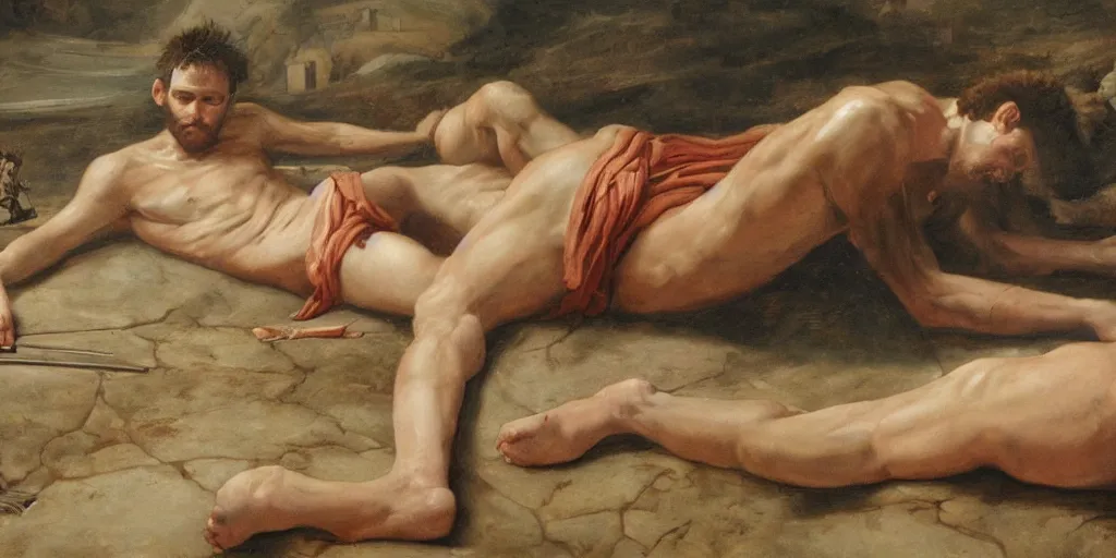 Image similar to high quality high detail painting, david next to giant goliath dead body on the floor