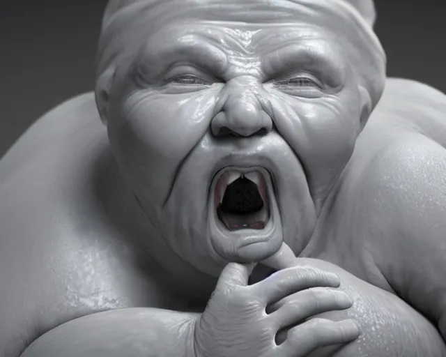 Image similar to of a very beautiful scene. ambient occlusion render. a sweet fat old woman is giving birth to her self as a sweet baby. hyper realistic. 4 k. wide angle. wild. symmetrical face, red mouth, blue eyes. deep focus, lovely scene. ambient occlusion render. concept art. unreal engine.