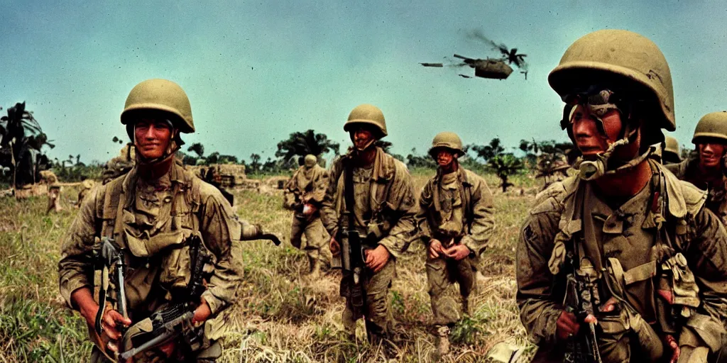 Image similar to u. s. marines move through a landing zone 1 9 6 9, vietnam war, soldiers closeup, face closeup, us flag, jungles in the background, coloured film photography, exposed colour film, ken burns photography lynn novick photography