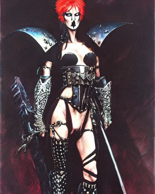 Prompt: portrait of a skinny punk goth sorceress wearing armor by simon bisley, john blance, frank frazetta, fantasy