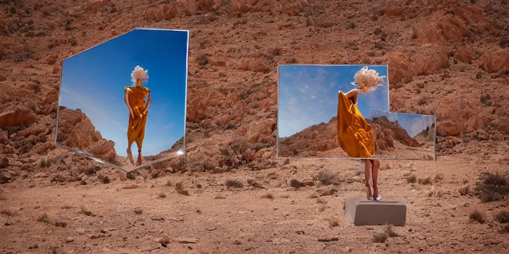 Prompt: levitating woman with full - face golden mask in a dry rocky desert landscape, visible sky and sunny atmosphere, fata morgana and giant square fractal mirrors by alejandro jodorowsky, anamorphic lens, kodakchrome, practical effects, award winning photo, masterpiece, 8 k