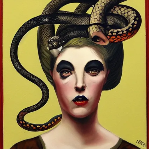 Prompt: a painting of a woman with a snake on her head, an album cover by richard mortensen, tumblr, transgressive art, grotesque, freakshow, strange