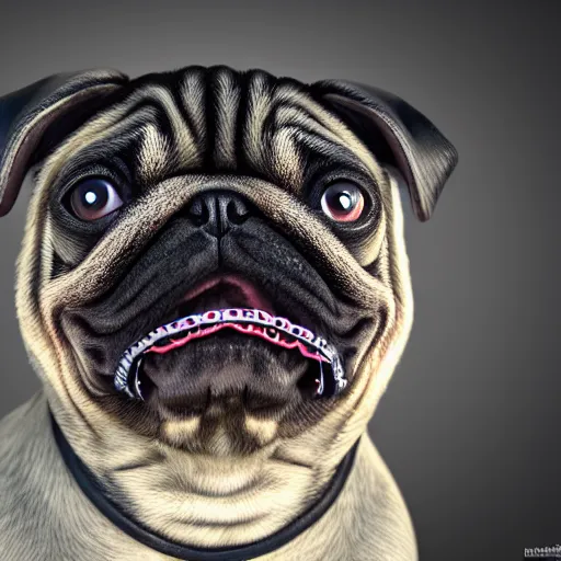 Image similar to 3 d rendered hyper realistic hyper detailed pug wearing a shiny leather gimp mask with zippers covering its face, octane render, blender, 8 k