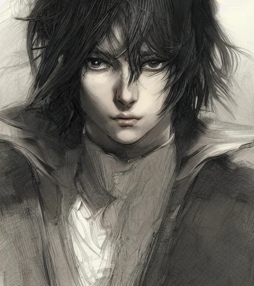 Image similar to portrait of anime boy with long hair wearing a dark robe, pen and ink, intricate line drawings, by craig mullins, ruan jia, kentaro miura, greg rutkowski, loundraw