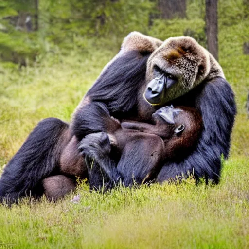 Prompt: gorilla wrestling a grizzly bear in a full nelson headlock, pencil art, sharp image, 4 k, textures, colorful, forest scenery