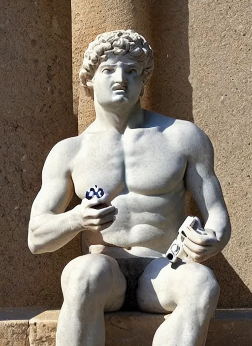 Prompt: Greek statue of a sitting man holding a Playstation controller, extremely detailed
