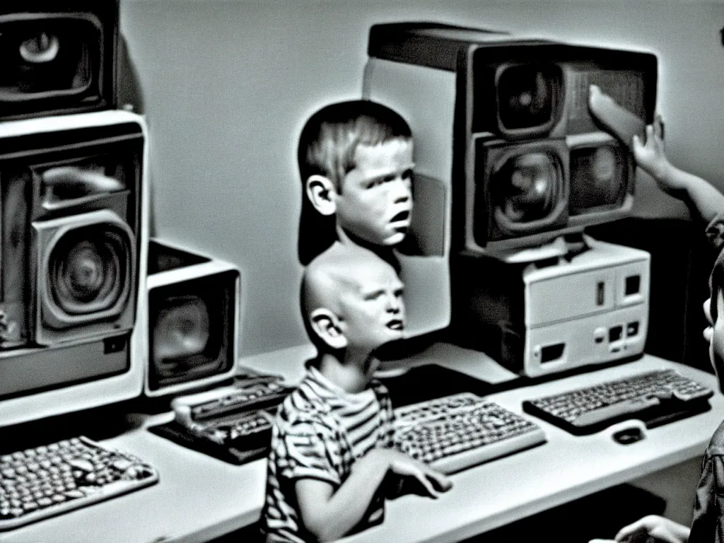 Image similar to boy looking at the PC computer from 90s by Laurie Lipton, grainy film kodak