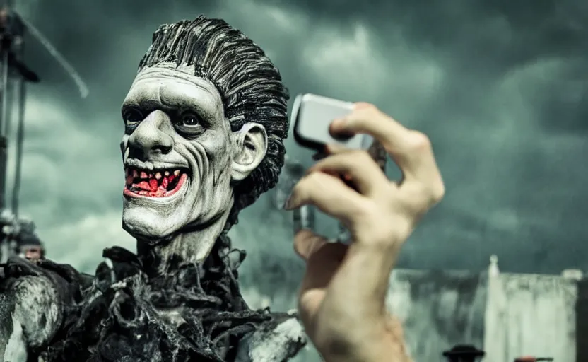 Image similar to frankenstein monster smiling taking a selfie, breaking news footage, action, motion, photojournalism