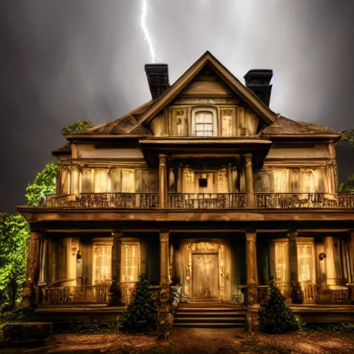 Prompt: a taxidermized horror mansion, in a lighting storm, portrait, 4 k, 8 0 mm,