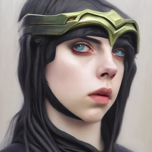 Image similar to Billie Eilish as female loki, oil on canvas, noir, trending on artstation, by Ian Sprigger and Edmund Blair Leighton and Charlie