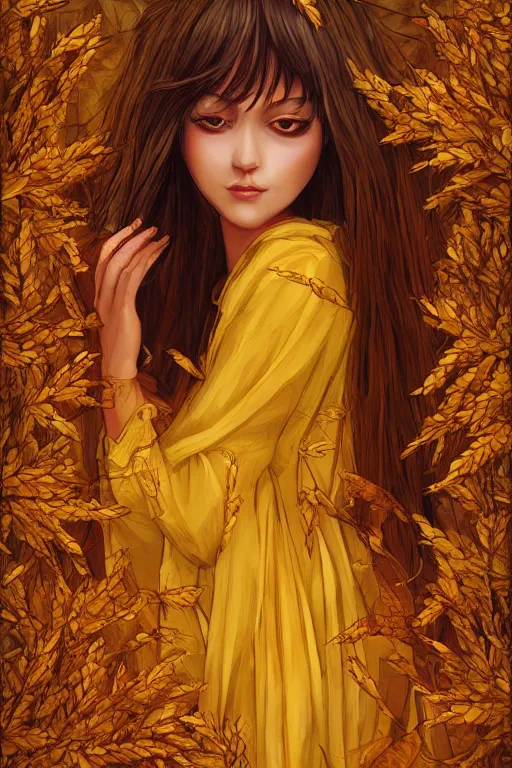 Image similar to The goddess of autumn harvest, tranquility, beautiful face, long hair, wearing wheat yellow gauze, comic style, by wlop