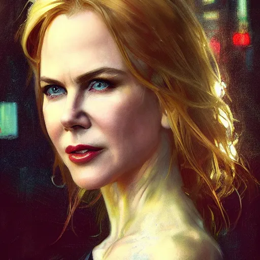 Prompt: nicole kidman, hyperrealistic portrait, bladerunner street, art of elysium by jeremy mann and alphonse mucha, fantasy art, photo realistic, dynamic lighting, artstation, poster, volumetric lighting, very detailed face, 4 k, award winning