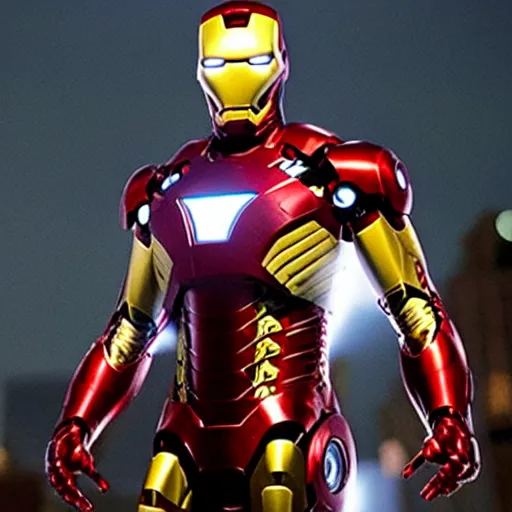 Prompt: promotional image of Tom Holland as Iron Man in Iron Man（2008）, he wears Iron Man armor without his face, movie still frame, promotional image, imax 70 mm footage