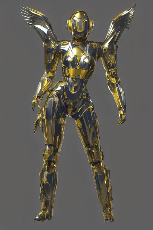 Image similar to maria of metropolis, humanoid robot, golden full body armor, deployed wings, beautiful helmet in the shape of a face, glowing yellow eyes, scifi, futuristic, raytracing, glowwave, sharp focus, cinematic lighting, artstation, divine, unreal engine 5 rendered, by fritz lang, art style by pixar warner bros dreamworks disney riot games and overwatch