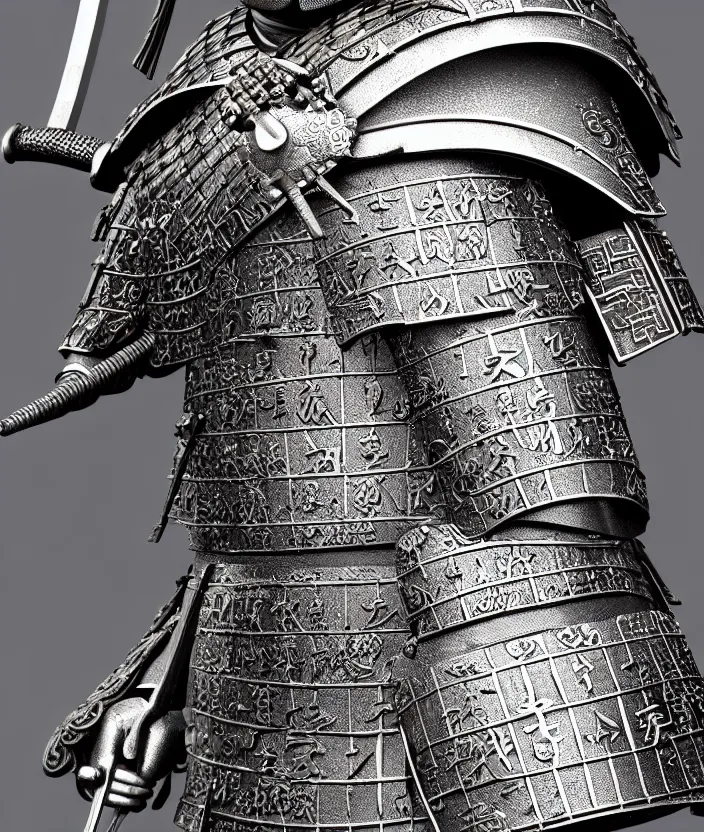 Image similar to detailed photorealistic ancient japanese samurai warrior soldier with traditional japanese engravings and ornamentation on armor and weapons, and shining metallic 3 d surfaces, japanese calligraphy, wide angle, 3 d