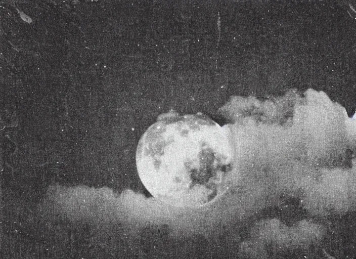 Prompt: vintage photo still of the moon!!!! exploding!!!! exploding moon moon explosion over new york city in the 1 9 2 0 s, black and white, weathered, edge vignette