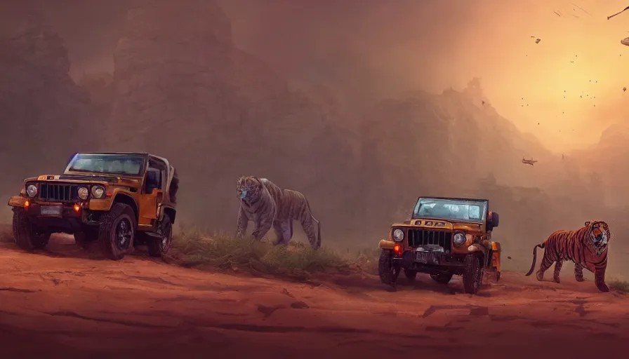 Image similar to Mahindra thar, headlights turned on, tigers and lions attacking, chasing action scene, an epic fantasy, dramatic lighting, cinematic, establishing shot, extremely high detail, photorealistic, cinematic lighting, matte painting, artstation, by simon stalenhag, horizon forbideen west