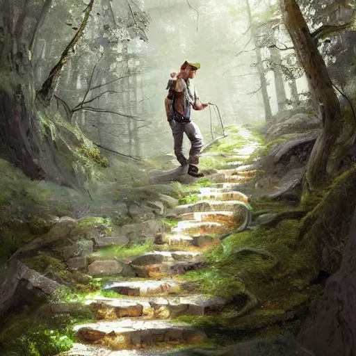 Prompt: a man, walking up a steep and winding staircase. in woods. intricate, elegant, highly detailed, digital painting, artstation, concept art, sharp focus, illustration, by justin gerard and artgerm, 8 k