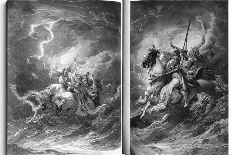 Image similar to highly detailed big open book, open book page, don quixote left the book, symmetrical face, magical, roman myth, masterpiece, crashing waves, lightning, highly detailed painting by gustave dore