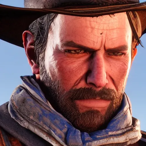 Image similar to a gunslinger with a long scar across the left side of his face, from red dead redemption 2, dramatic light, highly detailed