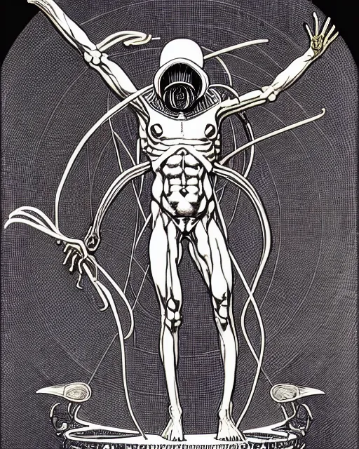 Image similar to space xenomorph as vitruvian man by james jean and moebius, ultra wide angle, full body, no crop, golden ratio, hyper details