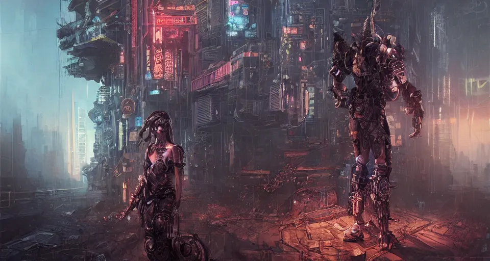 Image similar to cyberpunk gladiator, cinematic, highly detailed, octane render, cg, rich cinematic atmosphere, perfect digital art, mystical journey in strange world, Mystical, cyberpunk, tech war, sci-fi, surreal, glowing lights, sharp focus, high detailed, by Akihiko Yoshida, michael whelan and Karol Bak - H 1024