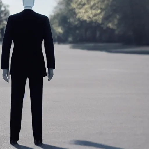 Image similar to joe biden as slenderman movie still, cinematic lighting, ray tracing, octane render, long lens, shallow depth of field, bokeh, anamorphic lens flare, 8 k, hyper detailed, 3 5 mm film grain