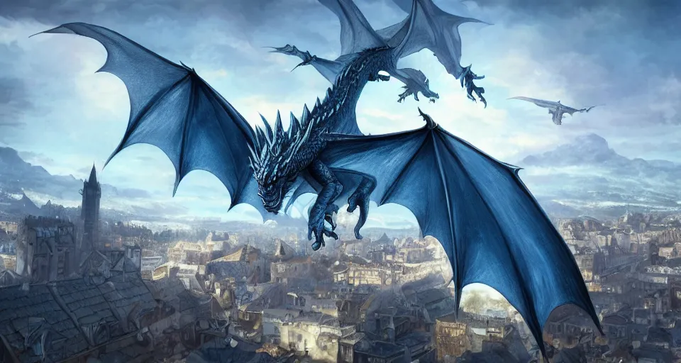 Image similar to single large dragon flying over medieval city, in style of artgerm and charlie bowater, 8k, hyper detailed, cold blue tones