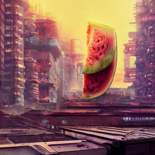 Image similar to Concept Digital Art Highly detailed giant Watermelon warlord destroying city by Stephen Hickman and Beeple. Very highly detailed 8K,Pentax 67, Kodak Portra 400 in style of Hiromasa Ogura Ghost in the Shell, the golden ratio, rational painting