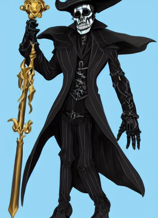 Image similar to DND character art, skeletal male figure, wearing a deep black suit!!! and tie and top hat, holding a gold! cane!, blue flames!!