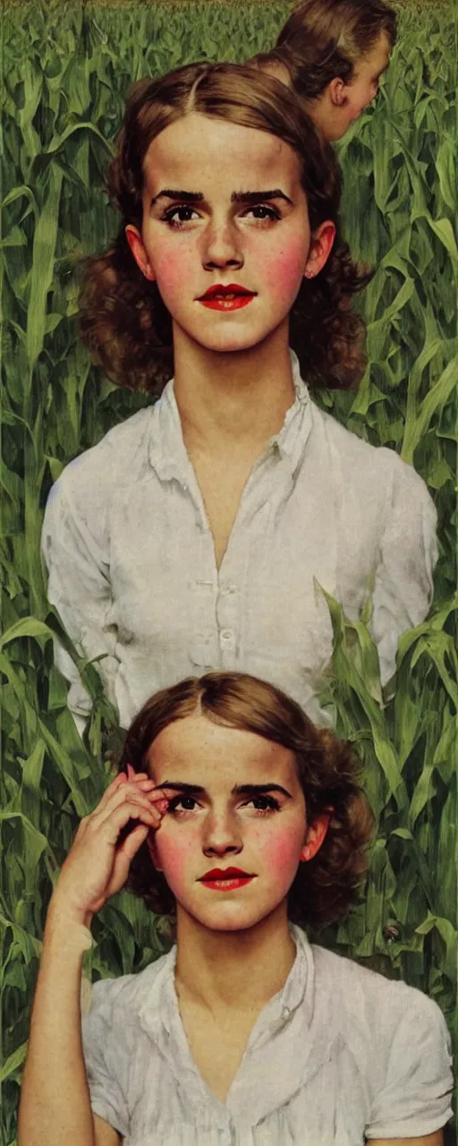 Prompt: photo photorealistic medium shot head and chest portrait photograph Emma Watson picnic in a corn field 1950s portrait by Norman Rockwell