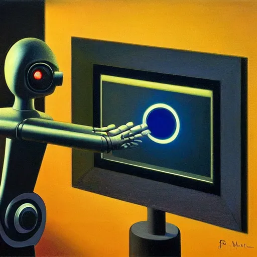 Image similar to a mesmerized robot staring at a computer screen, beams coming out of glowing eyes, portrait, pj crook, grant wood, edward hopper, syd mead, chiaroscuro, oil on canvas