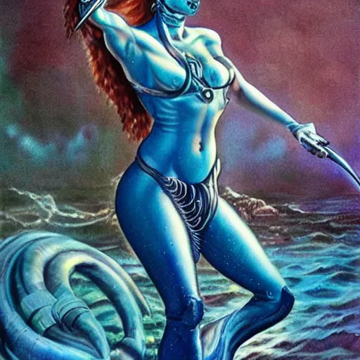Prompt: mermaid cyborg with a laser whip, realistic, detailed, photorealistic, in the style of boris vallejo