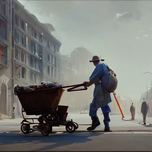 Prompt: a man drags a cart, hyperrealism, no blur, 4 k resolution, ultra detailed, style of ron cobb, adolf hiremy - hirschl, syd mead, ismail inceoglu, rene margitte