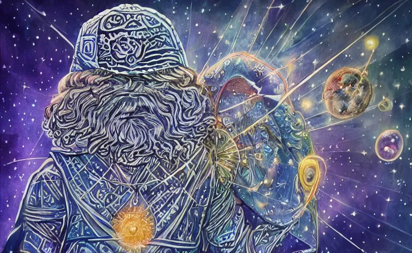 Image similar to wizard with the universe as a pattern on his hat, hd, highly detailed, intricate