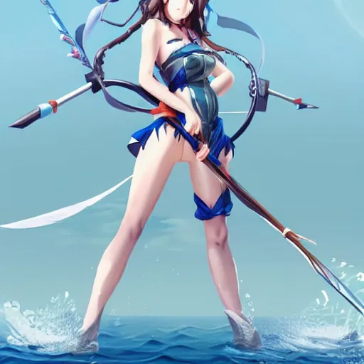 Image similar to an anime woman in an outfit made of water is doing a trick with bow and arrow, concept art by senior character artist, polycount contest winner, process art, concept art, 2d game art, artstation hd