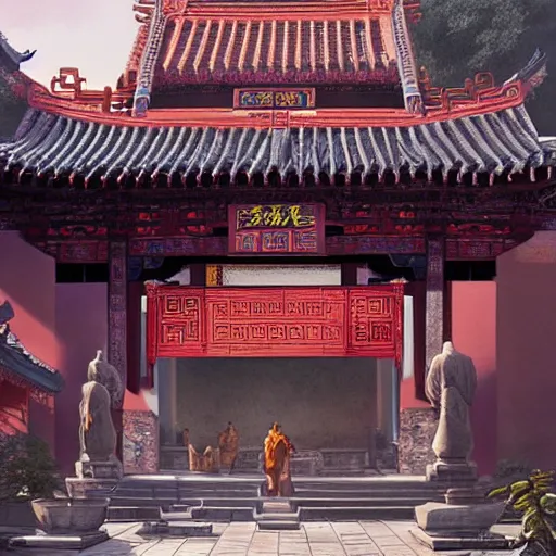 Prompt: a grand ancient chinese temple in the middle of an ancient city, sacredness, cinematic, concept art, smooth, sharp focus, illustration, art by dylan cole and greg rutkowski and alphonse mucha