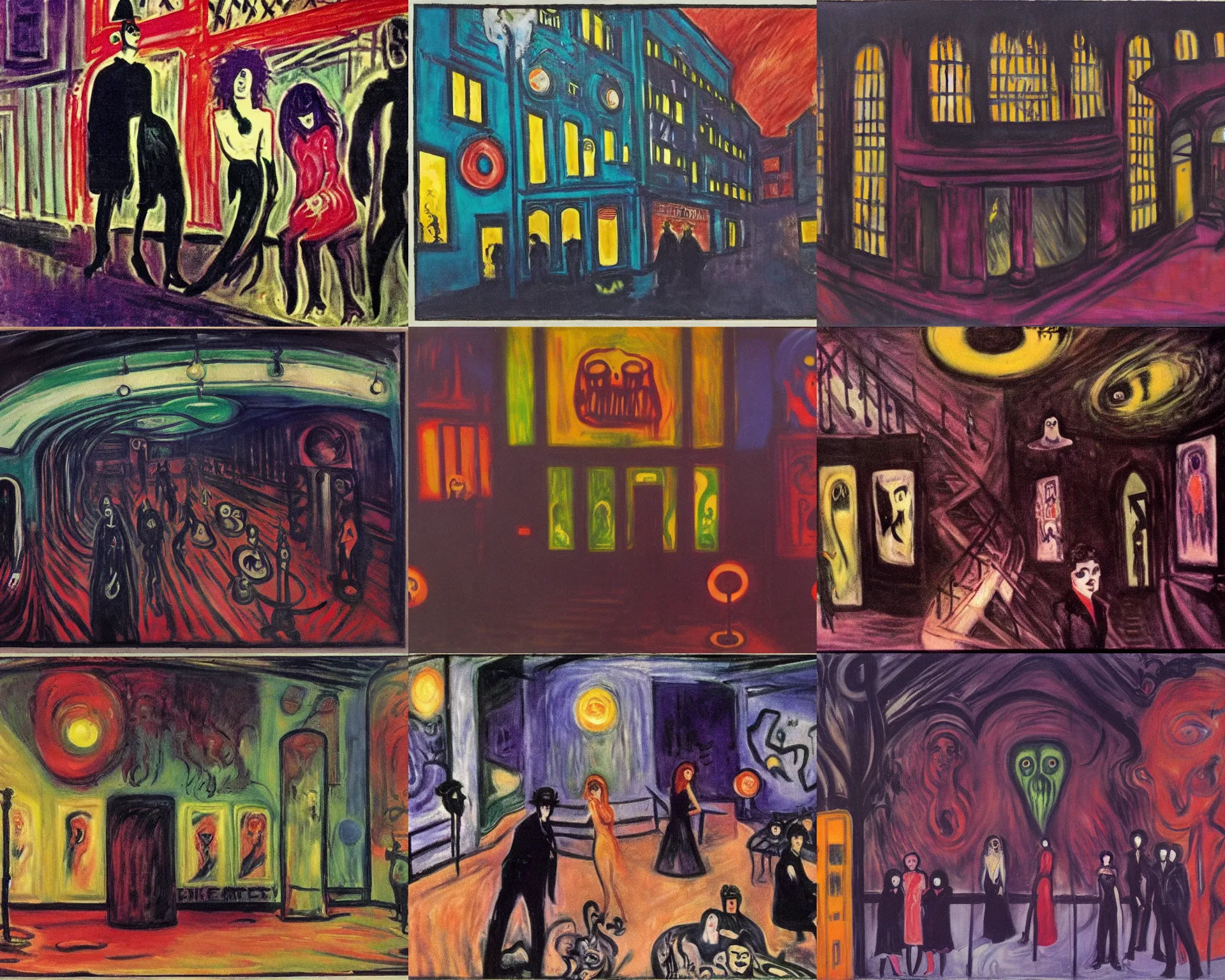 Prompt: A 1980s goth nightclub in Soho, painted by Edvard Munch
