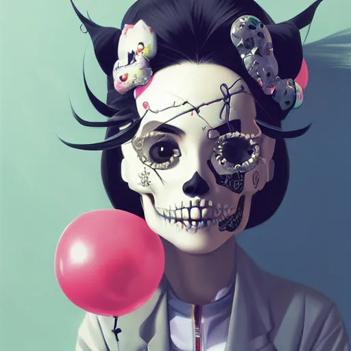 Image similar to anime skull portrait woman balloons, hello kitty, elegant, highly detailed, hard shadows and strong rim light, art by jc leyendecker and atey ghailan and sachin teng