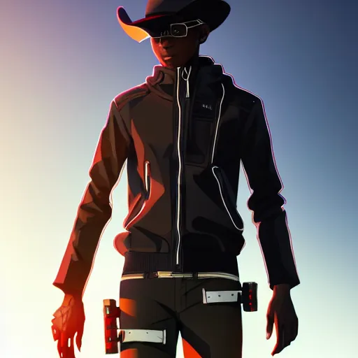 Prompt: a young black cyberpunk cowboy, tech wear, single subject, scenic full shot, ambient lighting, detailed face, by makoto shinkai, stanley artgerm lau, wlop, rossdraws