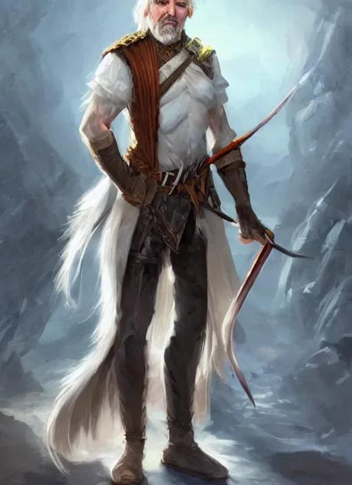 Image similar to tristan fulcher livedoce young man with short white fringe white hair and moustache, dndbeyond, bright, colourful, realistic, dnd character portrait, full body, pathfinder, pinterest, art by ralph horsley, dnd, rpg, lotr game design fanart by concept art, behance hd, artstation, deviantart, hdr render in unreal engine 5