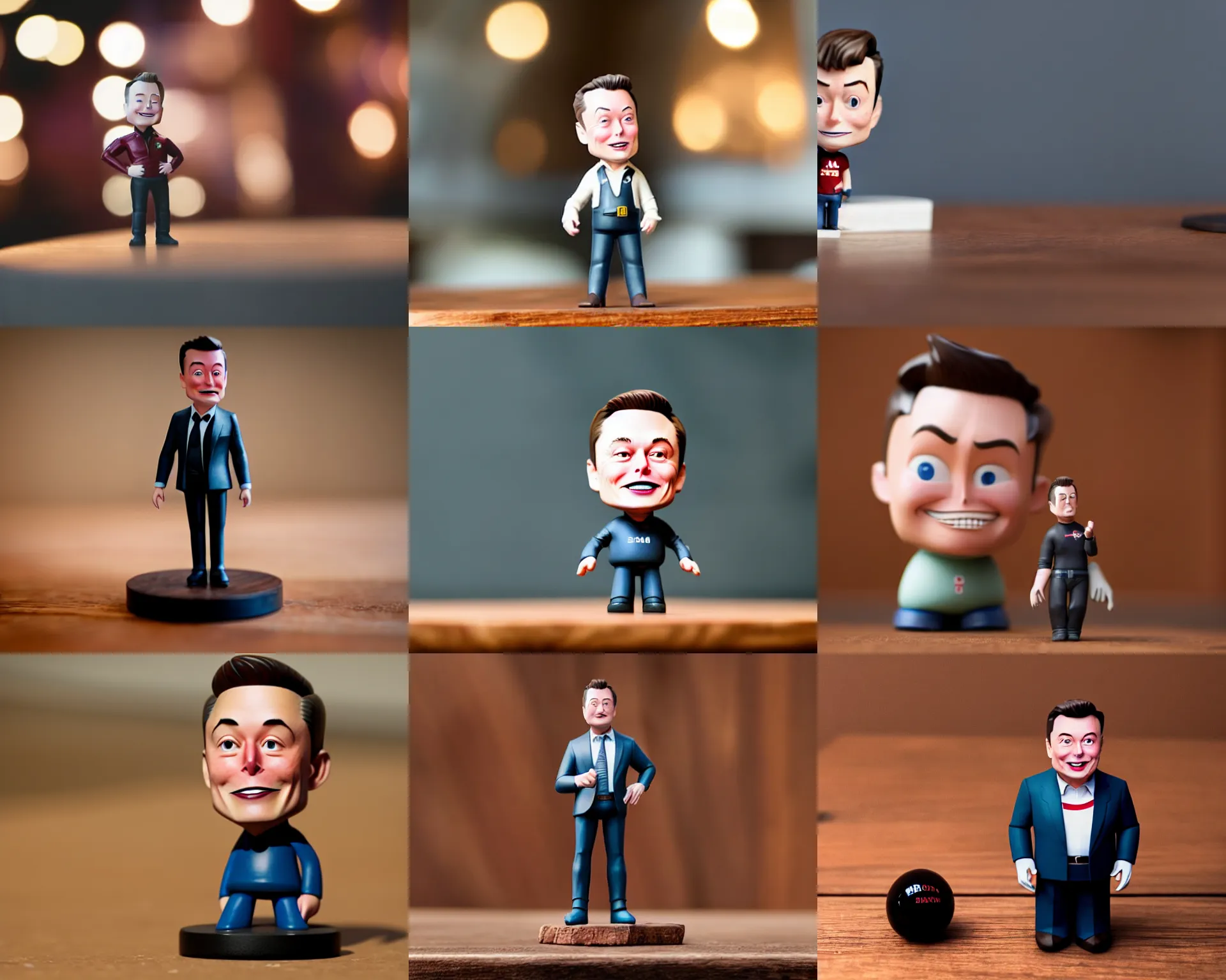 Prompt: elon musk figurine by Pixar sad bokeh on wooden table.